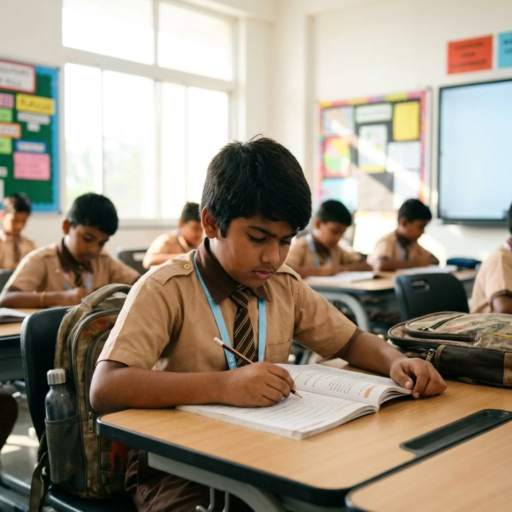 Dedicated K-8 student from SJ Gurukulam focused on their studies in a well-lit classroom environment.