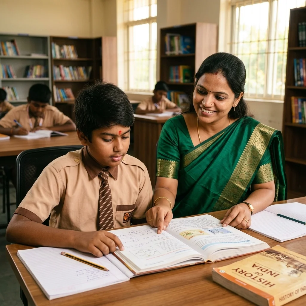 An experienced teacher at SJ Gurukulam providing one-on-one guidance to a student in the library.