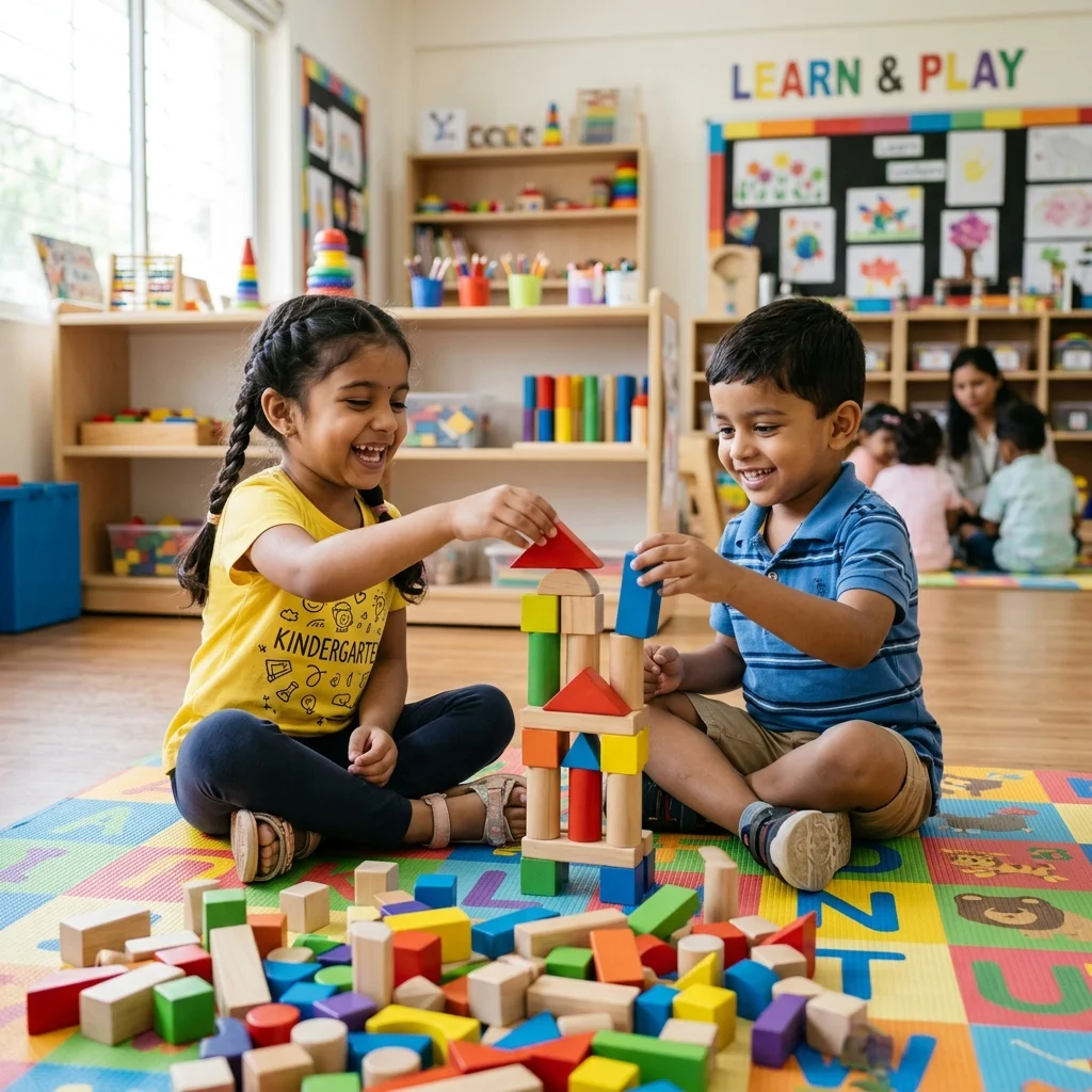 Young kindergarten students at SJ Gurukulam joyfully engaged in a play-based learning activity with colorful blocks.