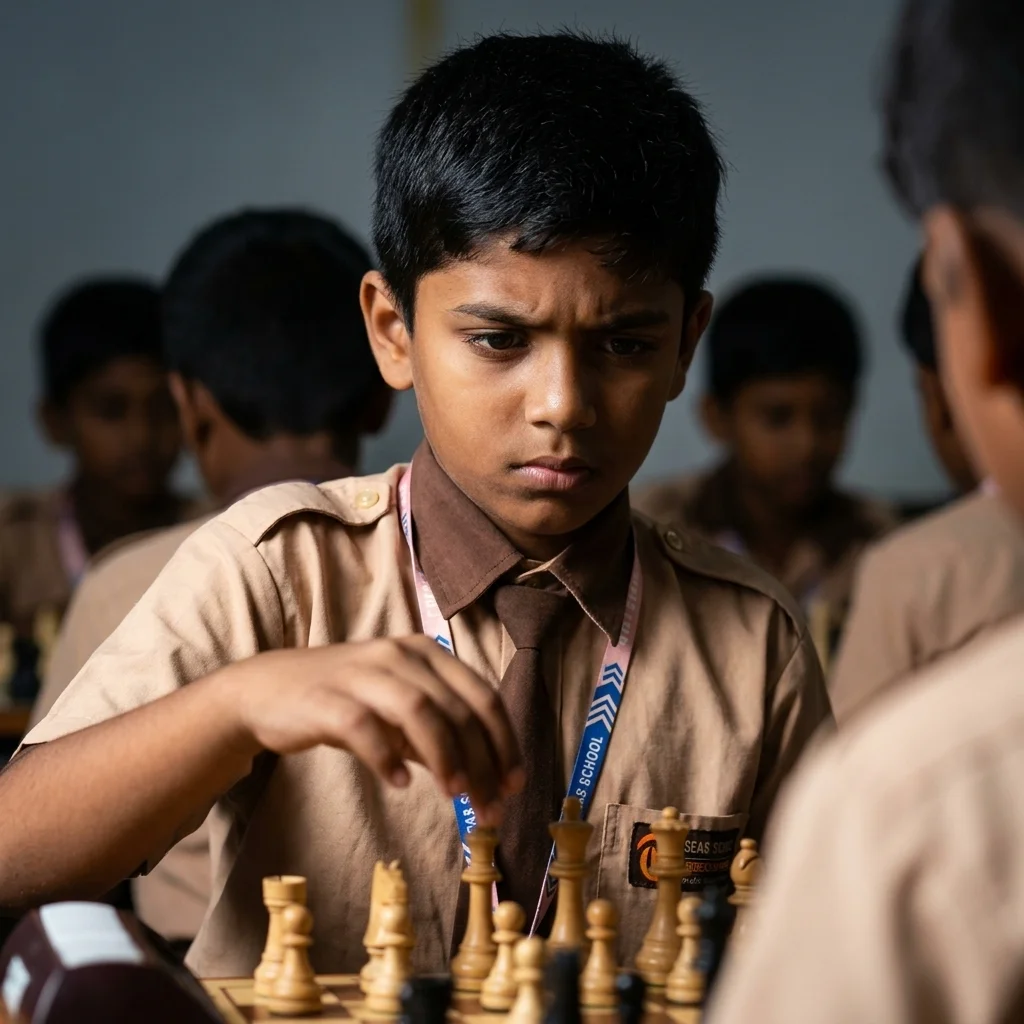 A student concentrating on a game of chess, representing strategic thinking cultivated at SJ Gurukulam.