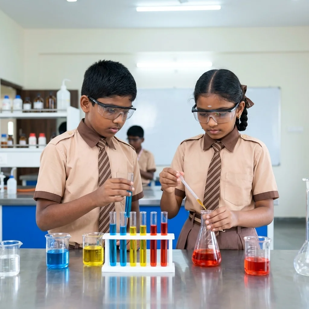 Students engaged in a hands-on science experiment at SJ Gurukulam.