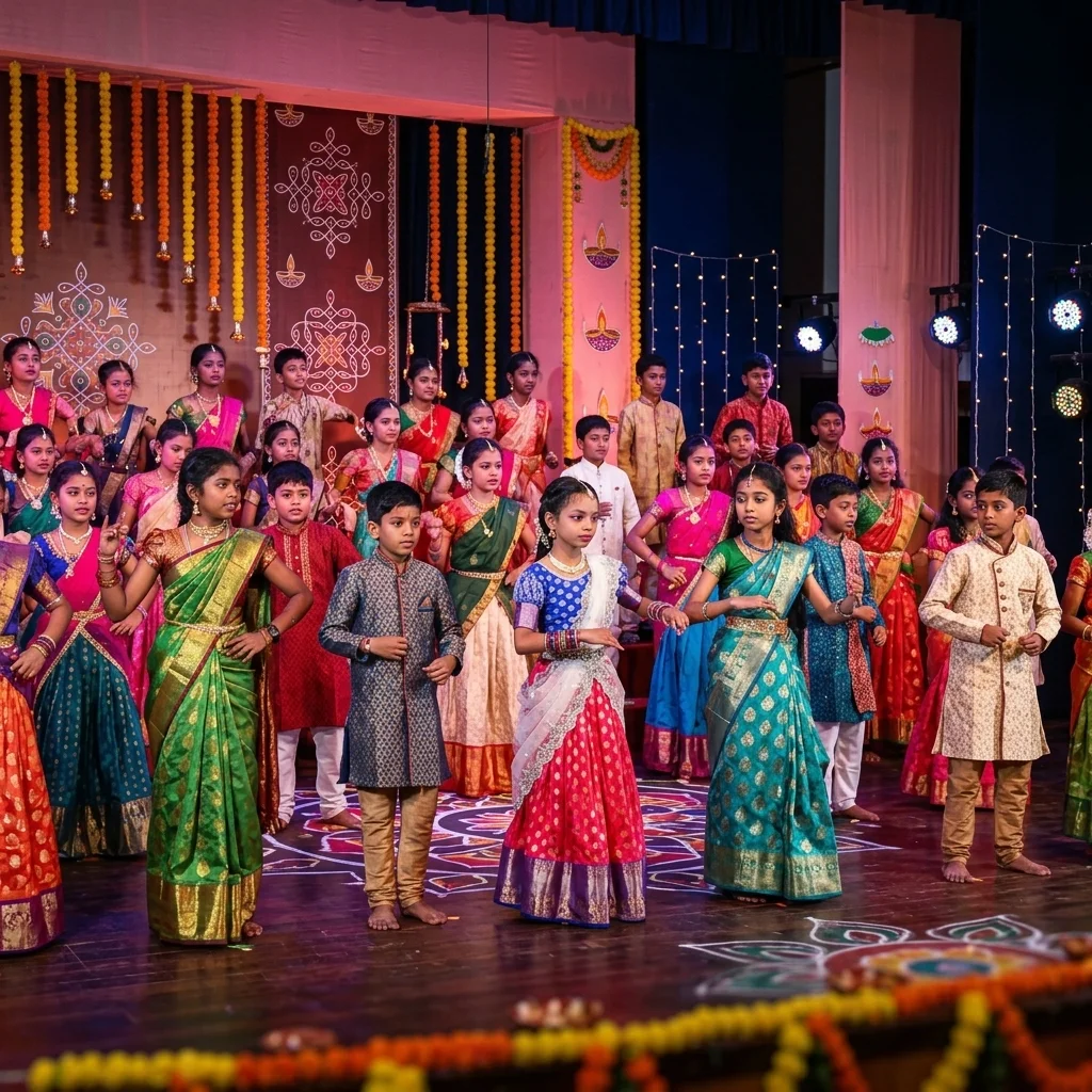 Students in traditional attire during a cultural event at Satyamev Jayate Gurukulam, Prayagraj.