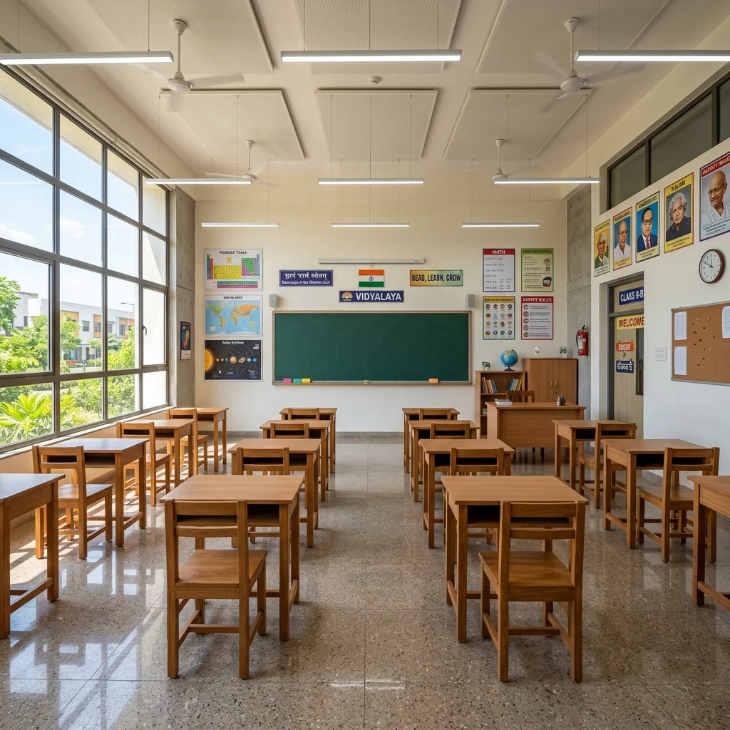 Bright and modern classroom at Satyamev Jayate Gurukulam designed for interactive learning.
