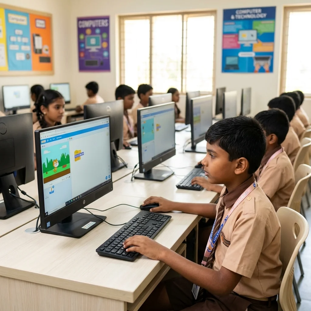 A student at our Prayagraj campus learning digital literacy skills in the computer lab.