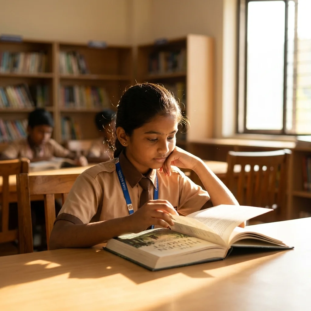A young student engrossed in a book, highlighting our commitment to fostering a love for reading.
