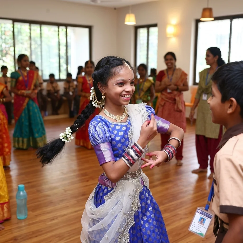 A young student at Satyamev Jayate Gurukulam joyfully participating in a traditional dance class, showcasing our focus on cultural arts.